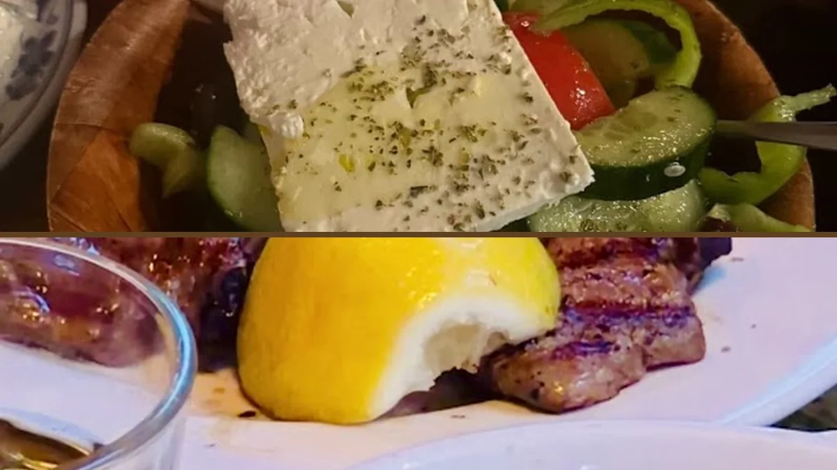 Greek plates on a simple restaurant table.